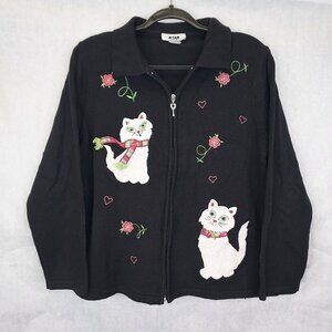 Alia Cat Lover Cardigan Sweater Women Petit L Black Full Zip Applique Embroidery